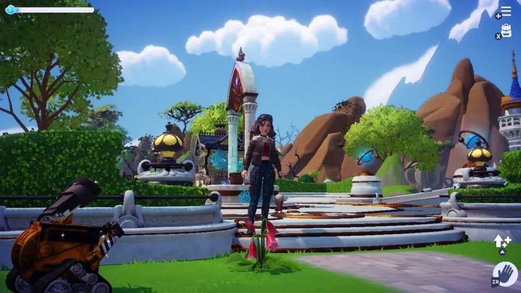 The player standing in the Plaza by a flower.