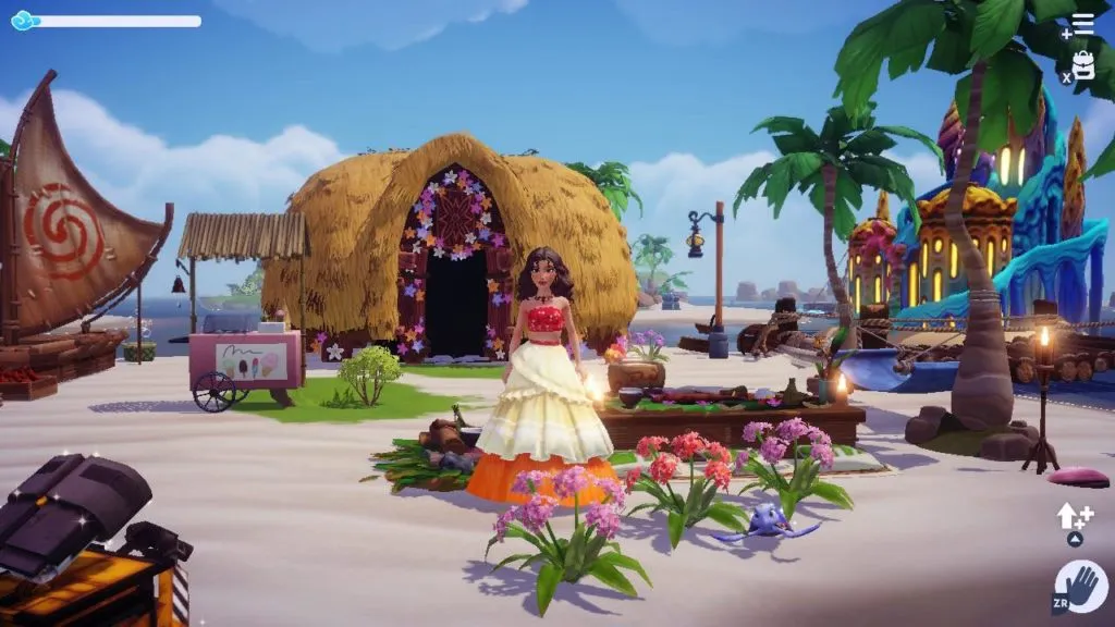 The player standing on Dazzle Beach by three flowers.