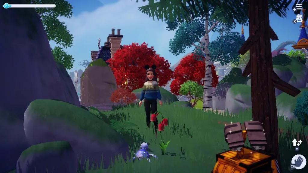 The player standing in the Forest of Valor by a flower.