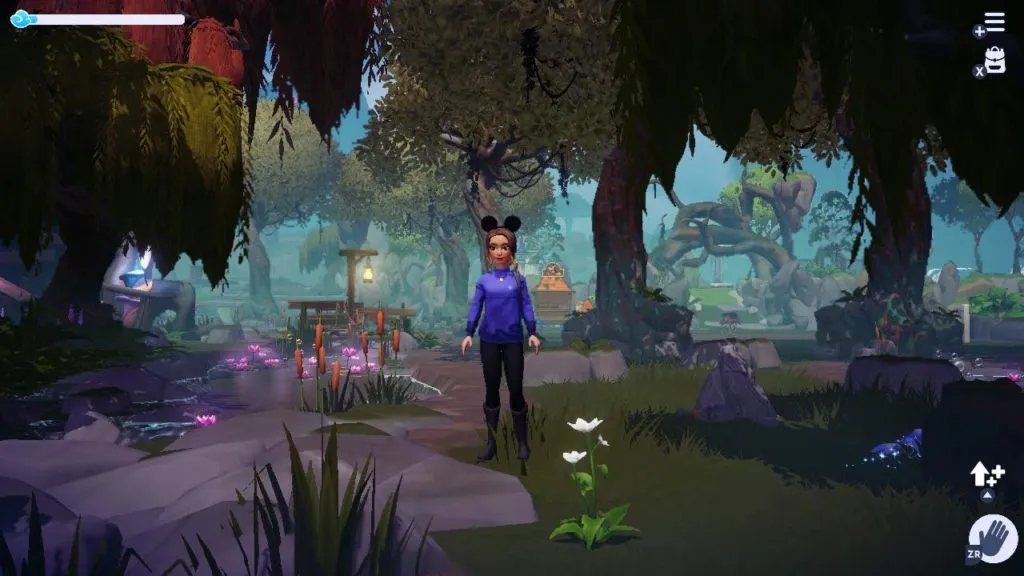 The player standing in the Glade of Trust by a flower.