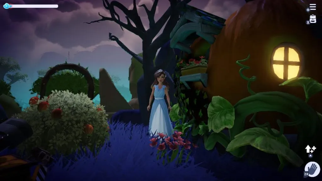 The player standing in the Forgotten Lands by a flower.