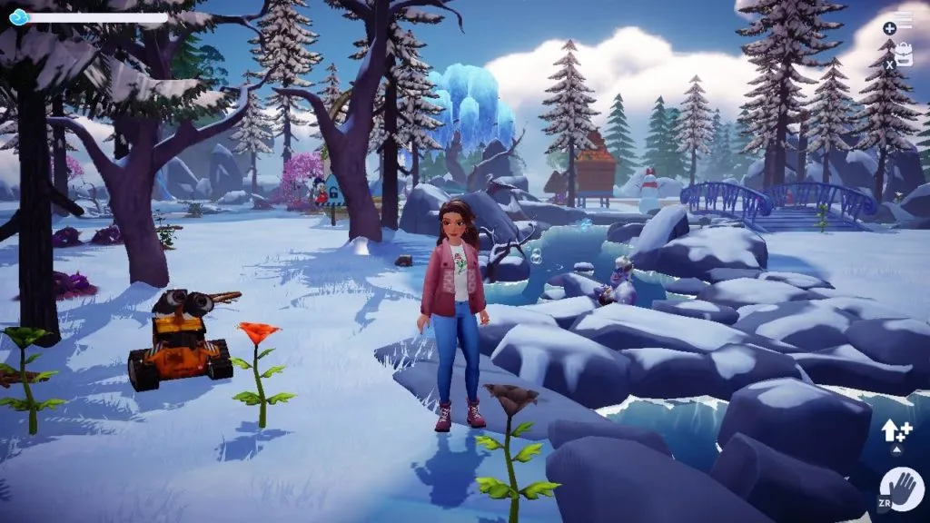 The player standing in the Frosted Heights biome by three flowers.