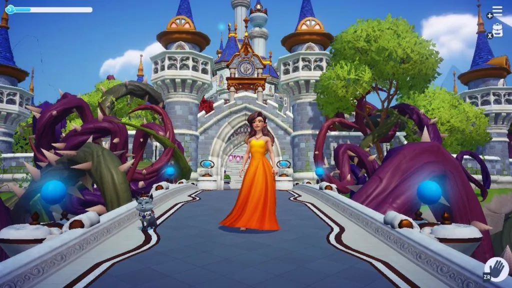 The player standing outside of the Dreamlight Castle.
