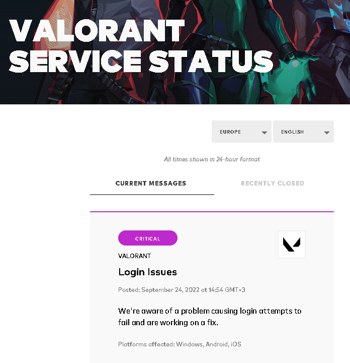 Screengrab of VALORANT service status message.