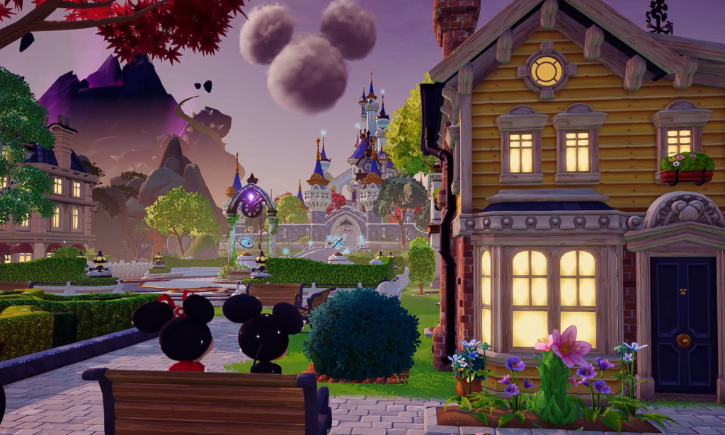 Mickey and Minnie Mouse on a bench outside a house