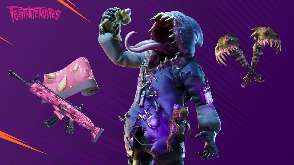 A Fortnite promo image for a character with a giant mouth that takes up the entire face, with a long tongue reaching otu