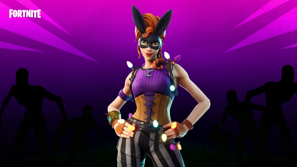 Fortnite's Bunnymoon skin with her having red hair, and black bunny mask, a purple shirt and corsette, and striped pants with Christmas-like lights strung about