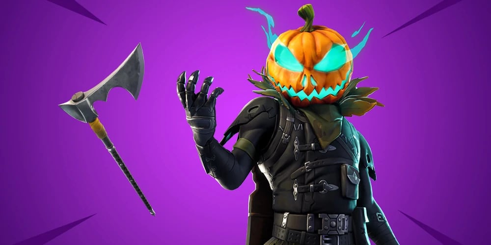 Image from Fortnite Showing a man in a black suit with a pumkin for a head that's glowing blue out of the eyes, nose, and mouth holes