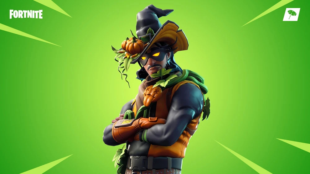 A character in Fortnite dresse din clothes that are pumpkin colored, with a hat that has a Pumpkin attached
