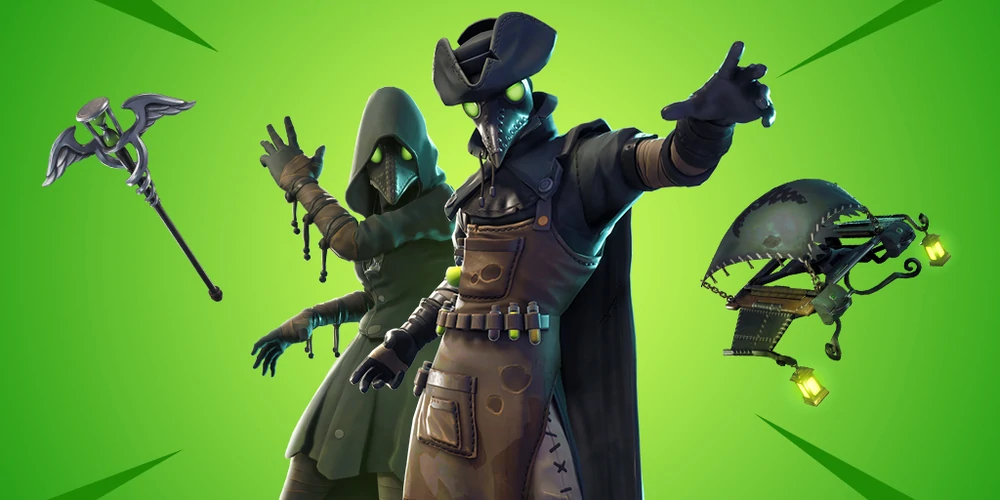 A male and female skin from Fortnite as Plague Doctors, the male with a hat and the female with a cloaked hood