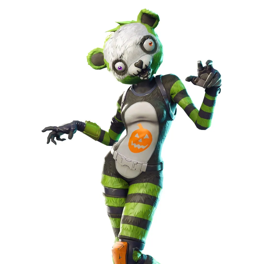 A person in a teddy bear costume with green and black stripes on the arms and legs as well as a green head with a white face
