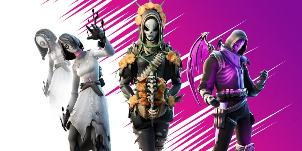 Fortnite's Willow, Catrina, and Blacklight skins with Willow being a pale ethereal ghost like character with an ethereal puppet that looks like following her, Catrina has a tight leather suit with fkowers and spikes laid about, and Blacklight has a dark tactical hoodie with wings and as well as ribs painted on his chest