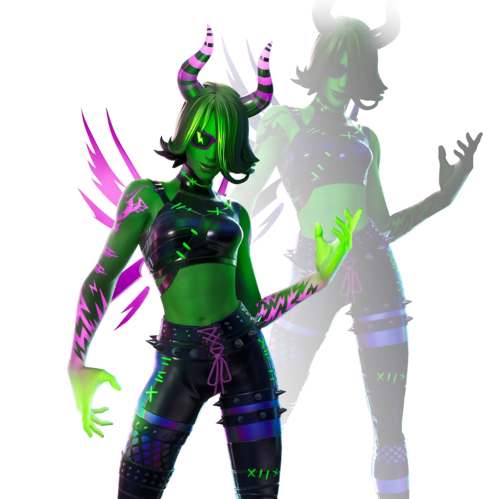 A green woman with neon pink fairy wings, tattoos, and dark green skin and hair
