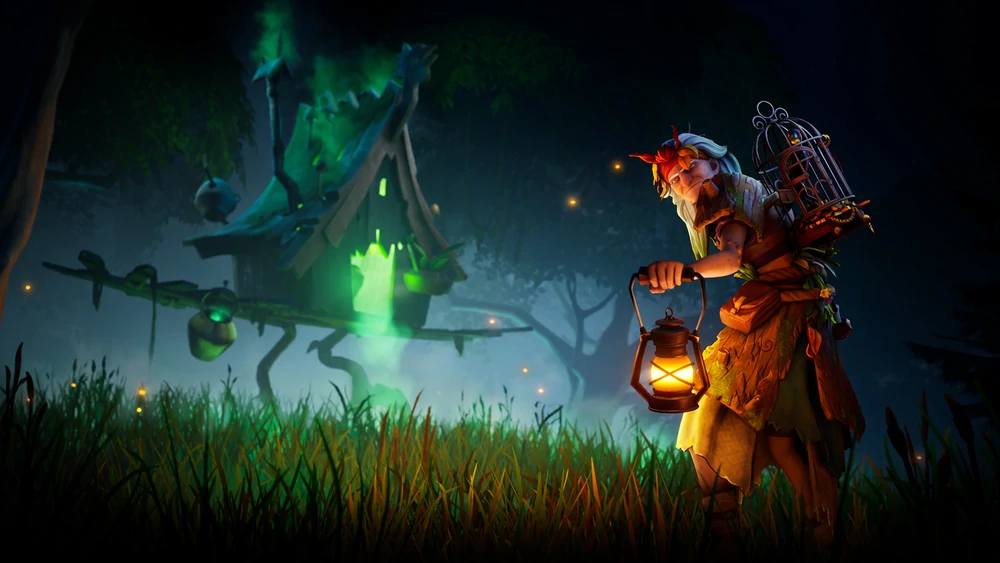 An image from Fortnite showing an old lady in front of an enchanted house being lifted off the ground