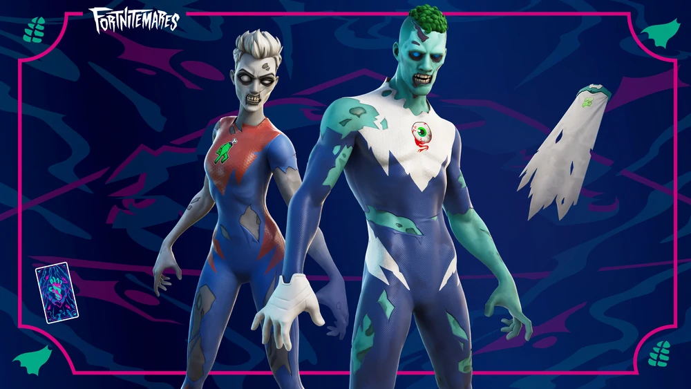 A promotional image from Fortnite showing the Fallen Heroes zombie set of zombie superheroes