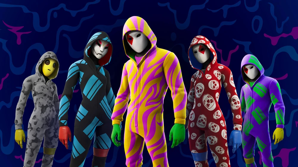 A promotional image showing a character in different style onesies with different masks of Fortnite characters
