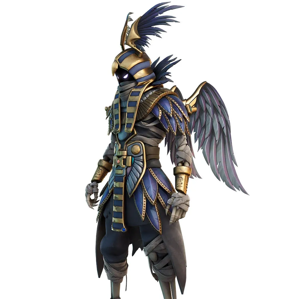 A bird-man with wings and armor that's colored similarly to ancient egyptians sarcophagus
