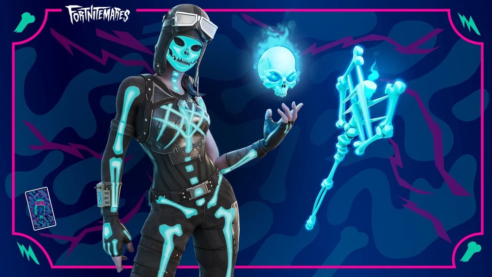 A woman with a neon skeleton costume on, with the spine and neon skull painted on her face