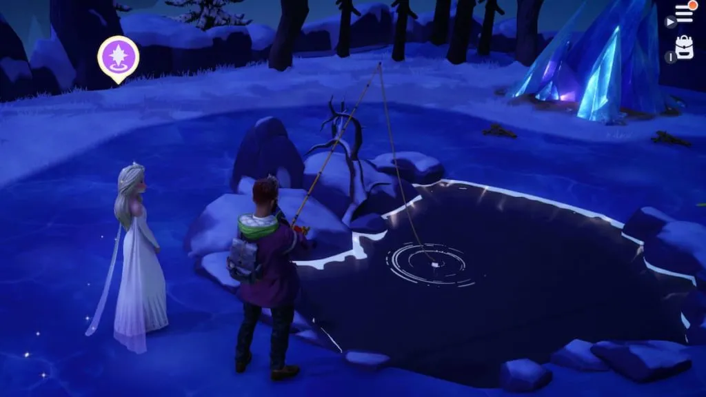 The player fishing next to Elsa in the Frosted Heights biome. 
