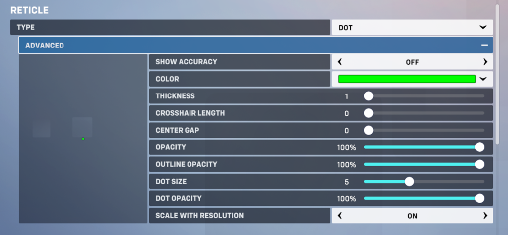 The precise settings for a dot crosshair in Overwatch 2.