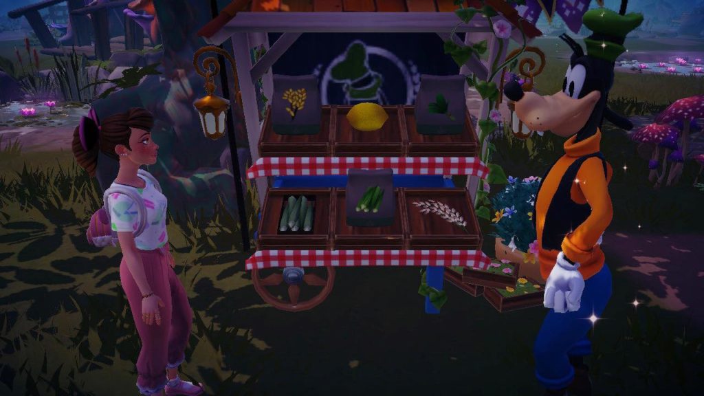 The player talking with Goofy at one of his stalls to buy seeds.