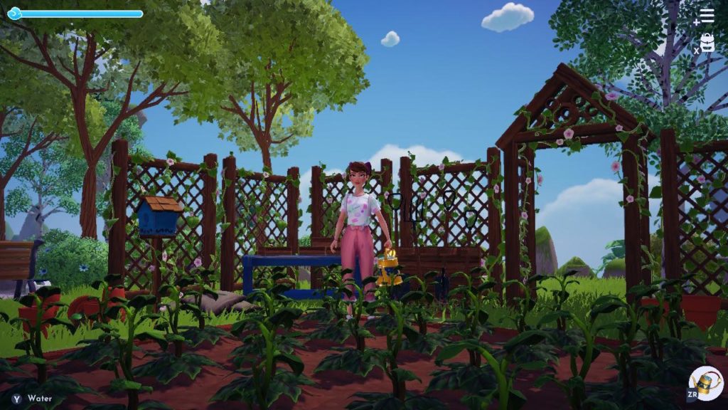 The player standing in a garden with a watering can and freshly watered plants.