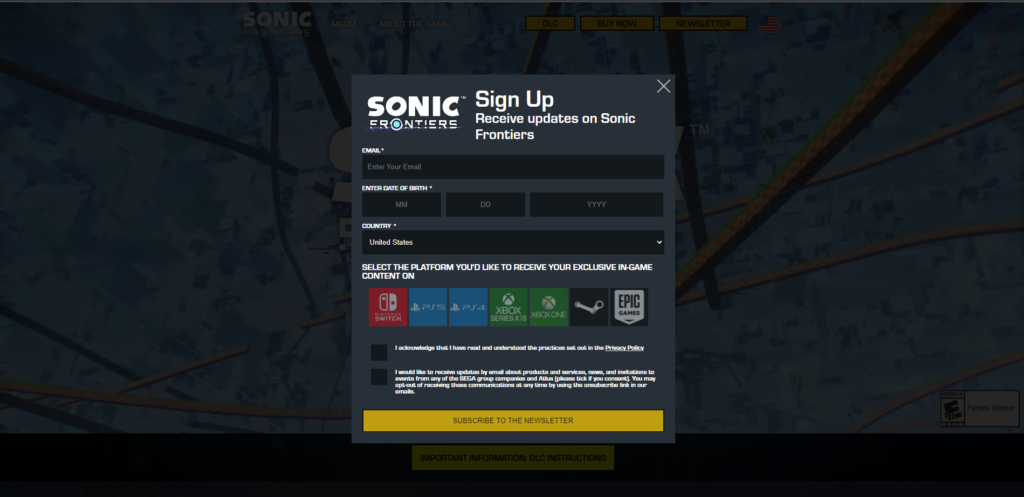 Get Free Sonic Frontiers DLC by Signing up for a Newsletter