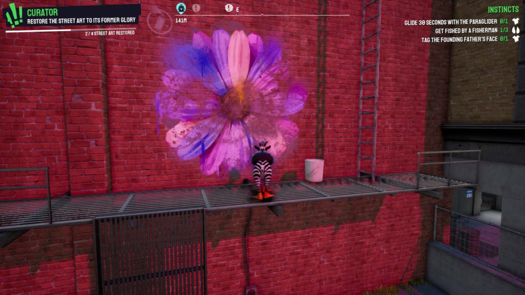 شاشة من Goat Simulator 3 تُظهر صورة زهرة على الجدران غير المكتملة