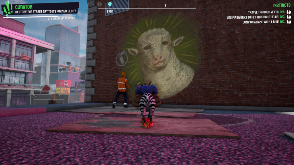 شاشة شاشة من Goat Simulator 3 تُظهر الكتابة على الجدران غير المكتملة للحمل