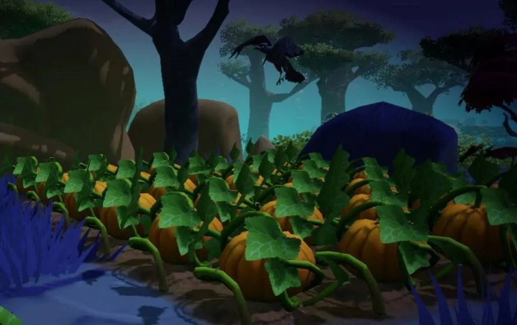 a raven flying over some pumpkin pastures in disney dreamlight valley