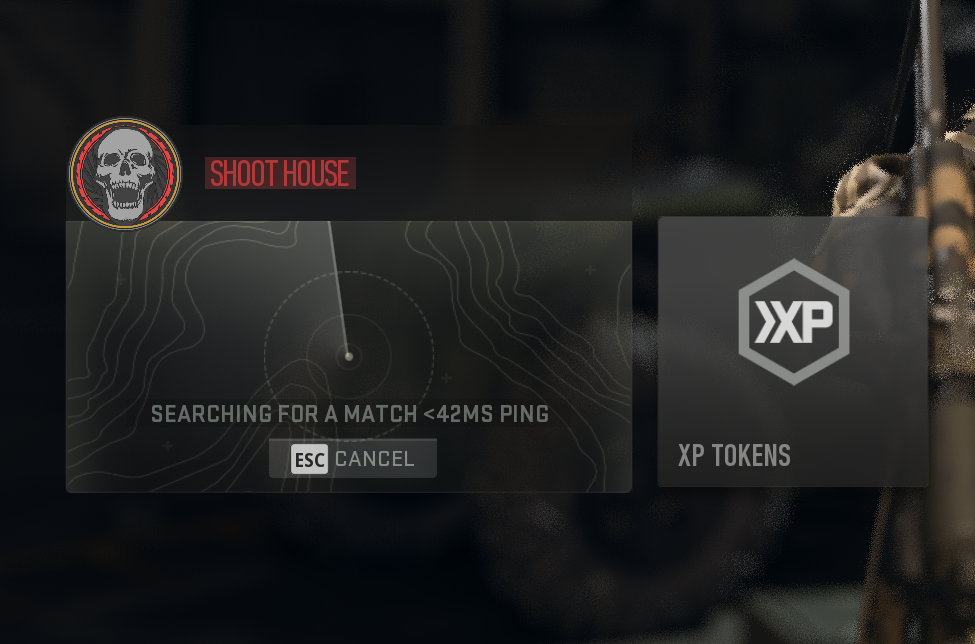 A menu screenshot for SHOOT HOUSE searching for a match in Warzone 2.0