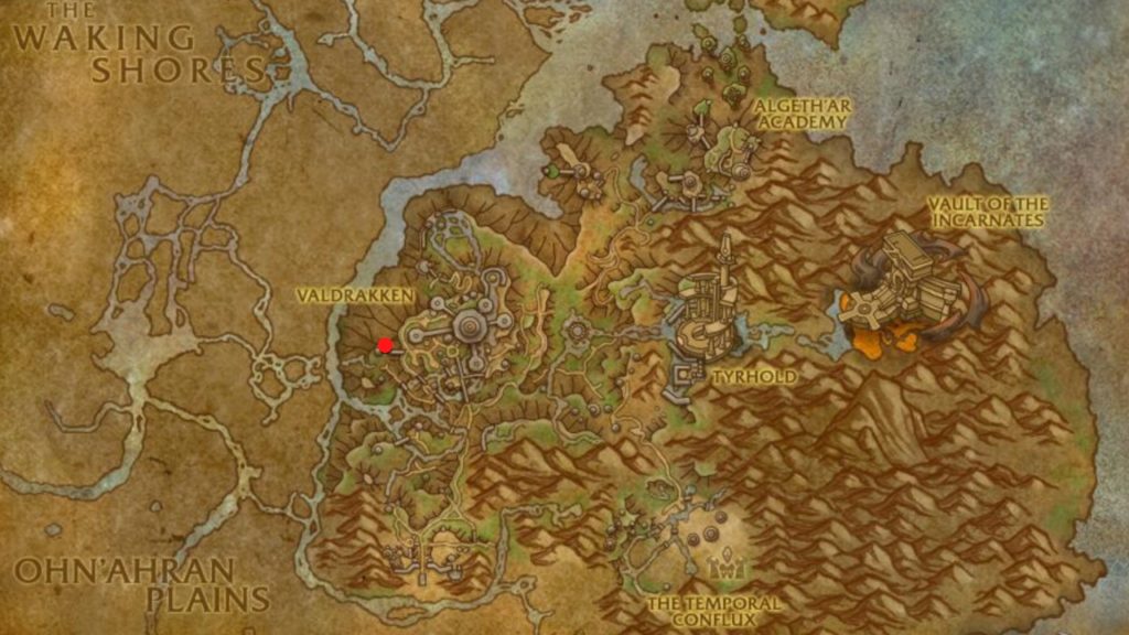 Image showing the map of Valdrrakken in World of Warcraft Dragonflight, pointing to the location of the Black Market Auction House headquarters.