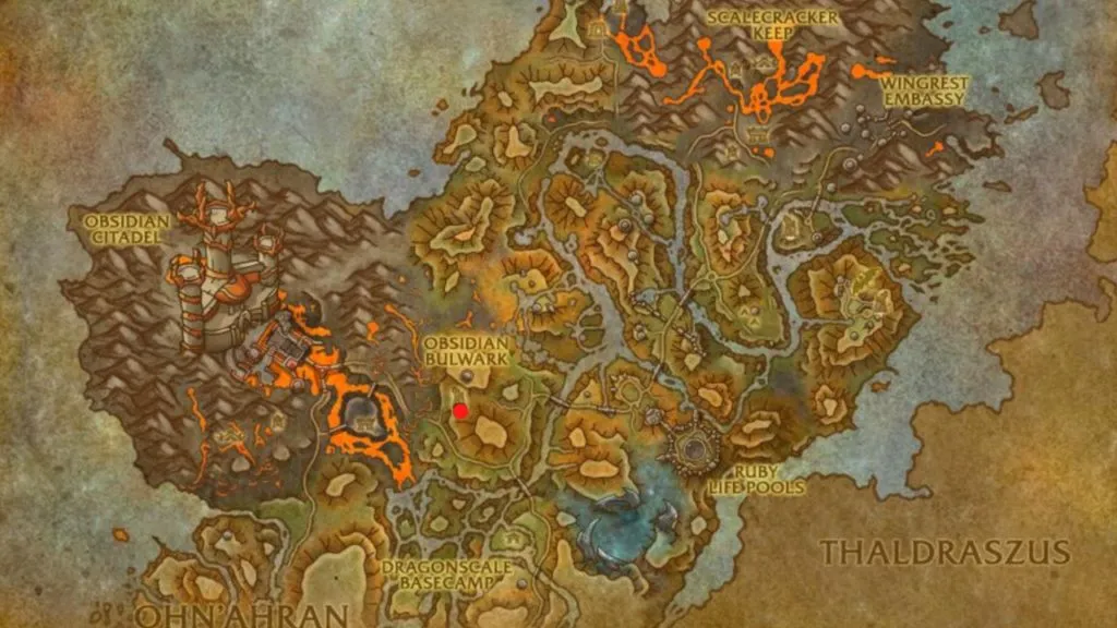 Map in World of Warcraft Dragonflight showing the Obsidian Citadel on the Dragon Isles and the location of the Black Market Auction House nearby.
