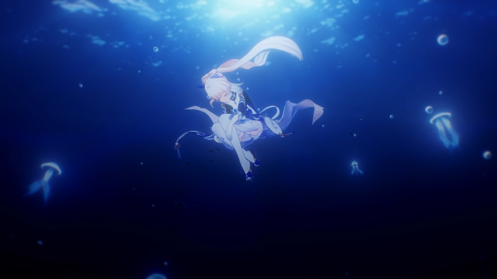 Kokomi tenant ses jambes jusqu'à sa poitrine et flottant sous l'eau entourée de méduses