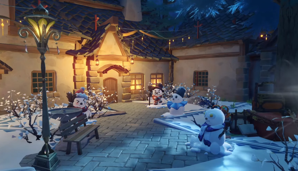 Four snowmen sitting in front of a winter cottage.