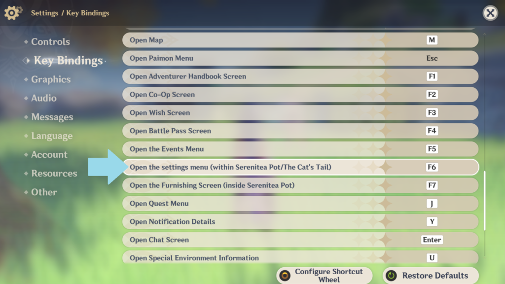 The key bindings menu in Genshin with the "open the settings menu (within Serenitea Pot/The Cat's Tail)" option highlighted.