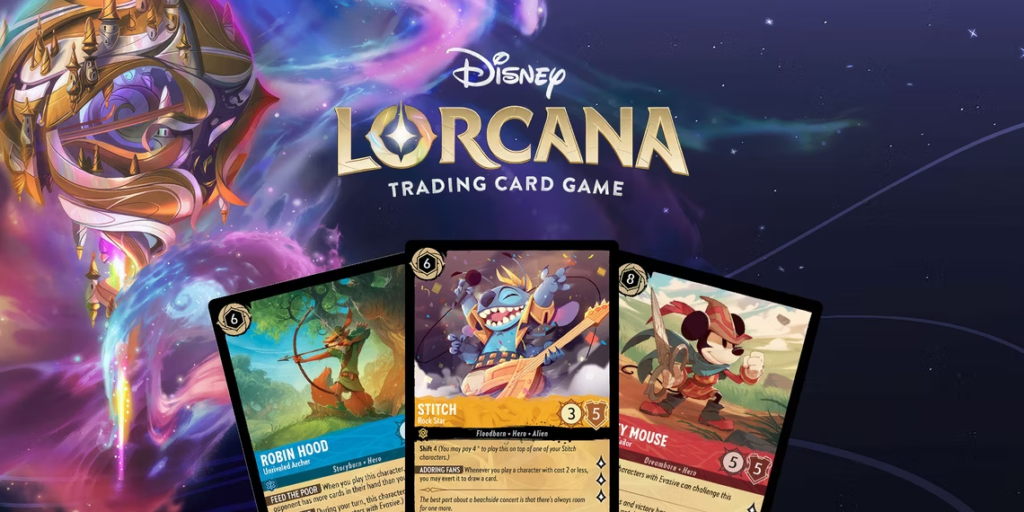 Three Lorcana TCG cards including Stitch, Mickey Mouse, and Robin Hood on a space-style background