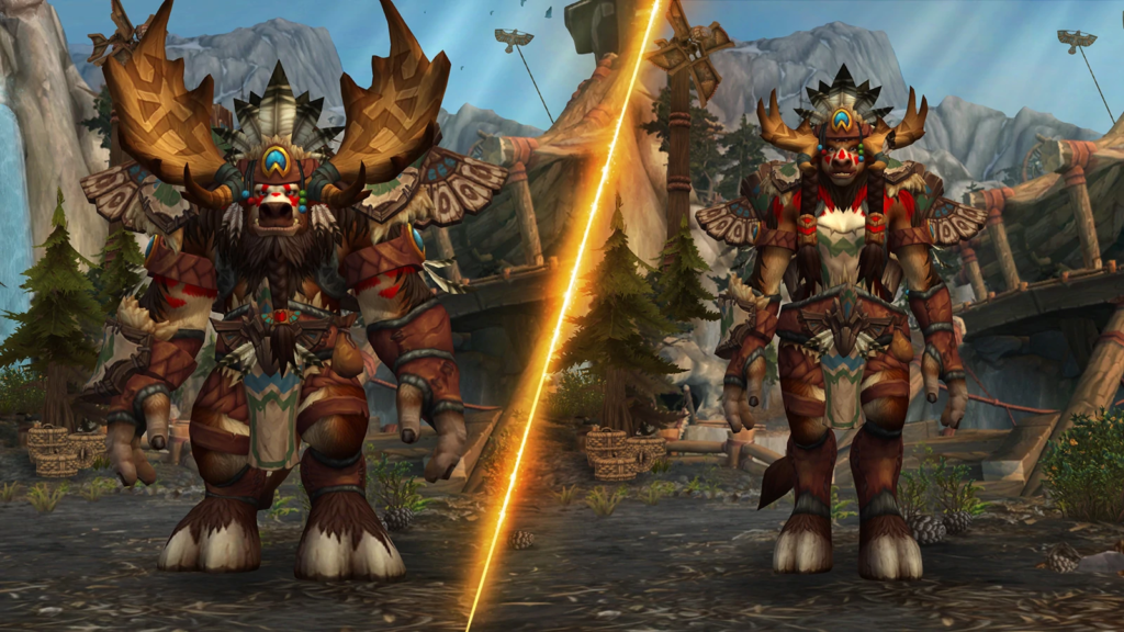 Two Highmountain Tauren standing and wearing Heritage Armor