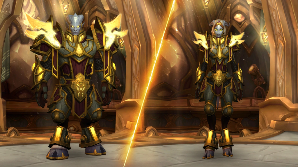 Two Lightforged Draenei standing and wearing Heritage Armor