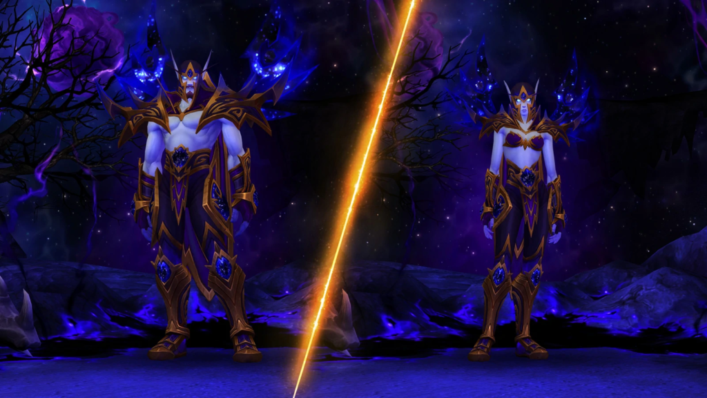 Two Void Elves standing and wearing Heritage Armor