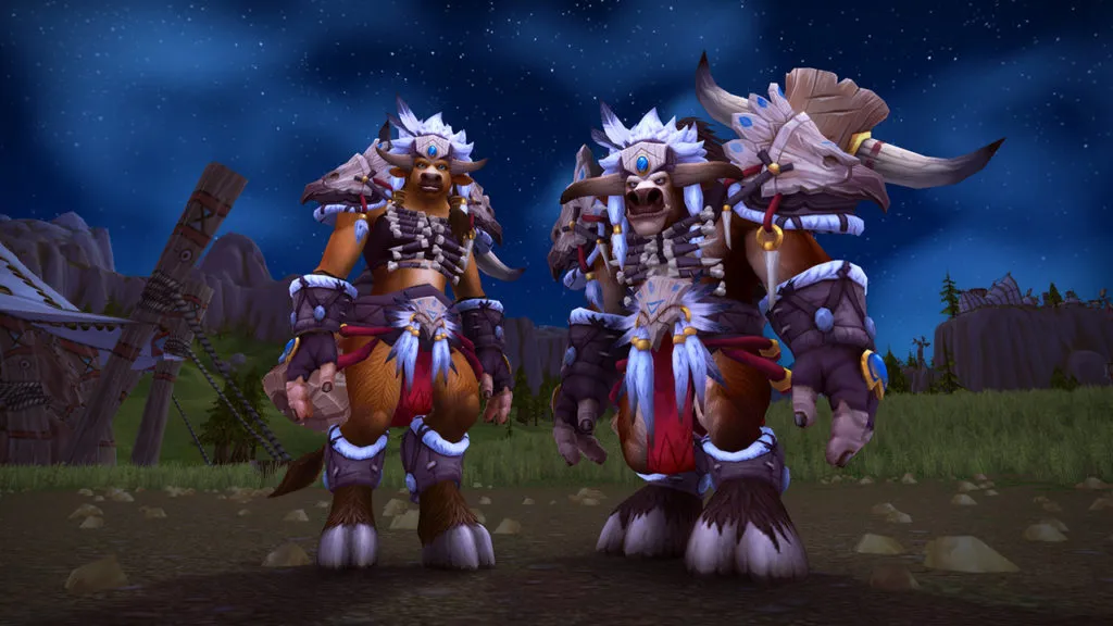 Two Taurens standing next to each other and wearing Heritage Armor