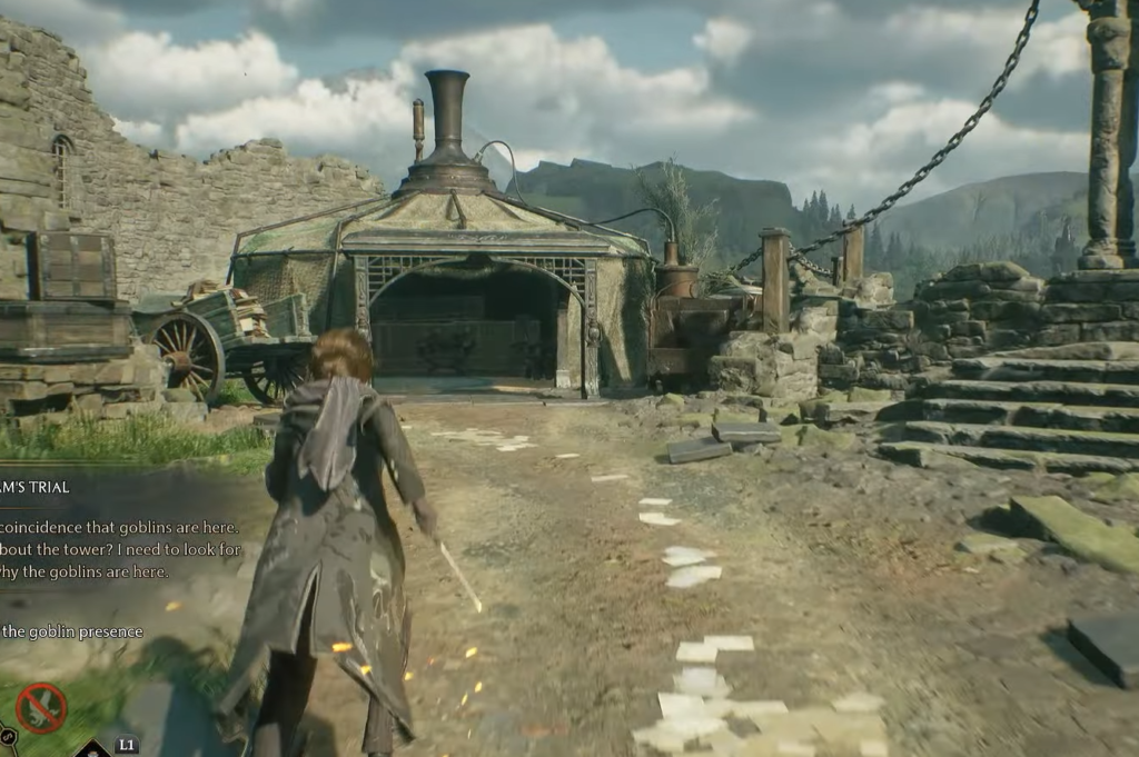 A screenshot of a rusty and dusty old road that leads up to a building in Hogwart's Legacy.