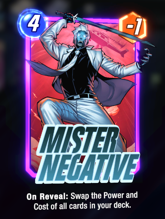 La carte Mister négative dans Marvel Snap, avec sa description ci-dessous