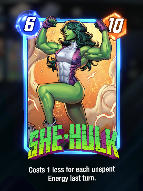 A She-Hulk kártya a Marvel Snap-ban, az alábbiakban leírva