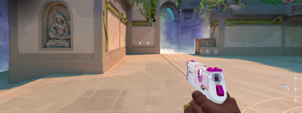 A screenshot of the chomping duck crosshair in VALORANT's shooting range
