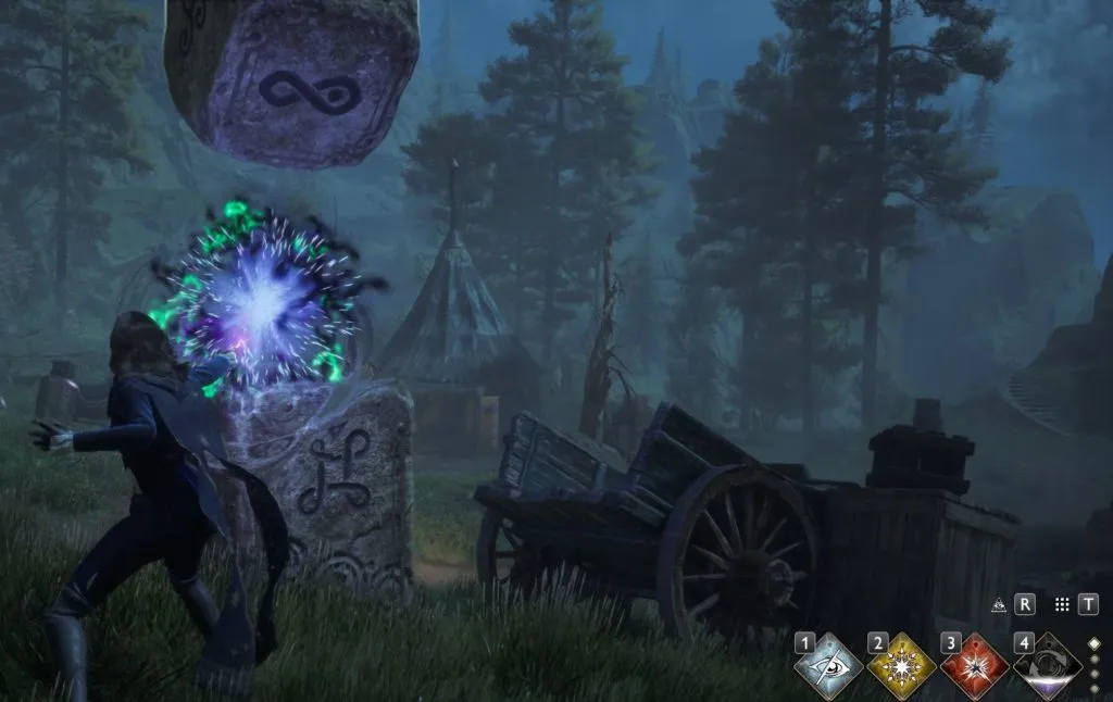 A screenshot of a character performing magic during the moonstone pillar Merlin Trial.