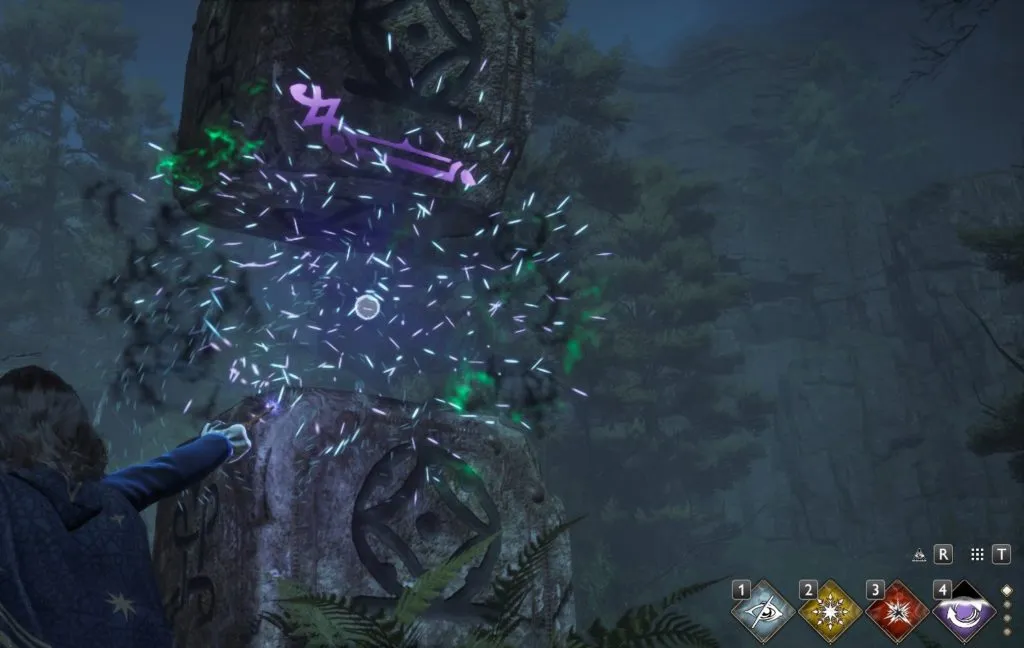 A screenshot of a character performing magic during the moonstone pillar Merlin Trial.