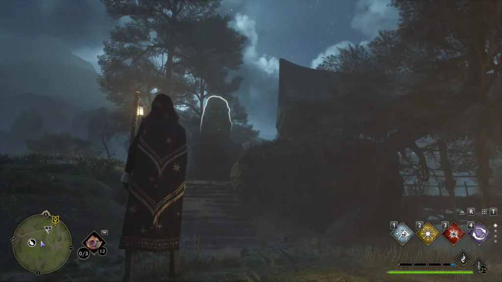 A screenshot of a character standing by the stone pillar Merlin Trial.