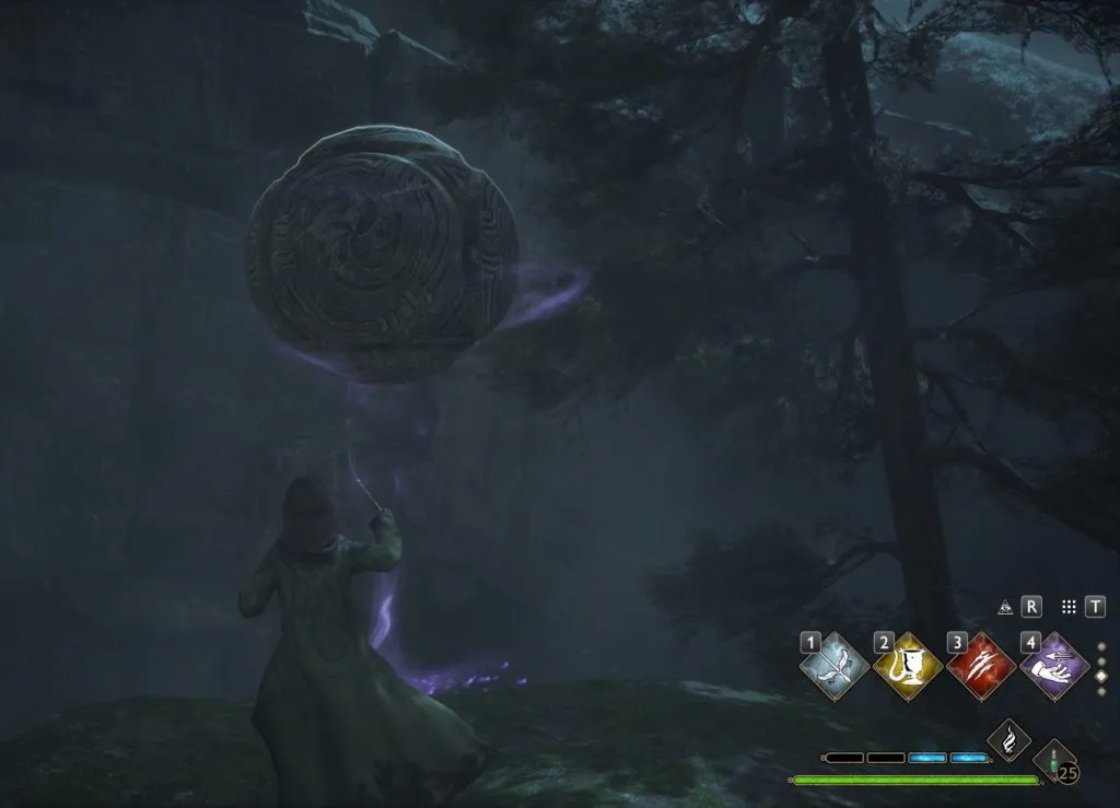 A screenshot of a character performing magic during the stone pillar Merlin Trial.