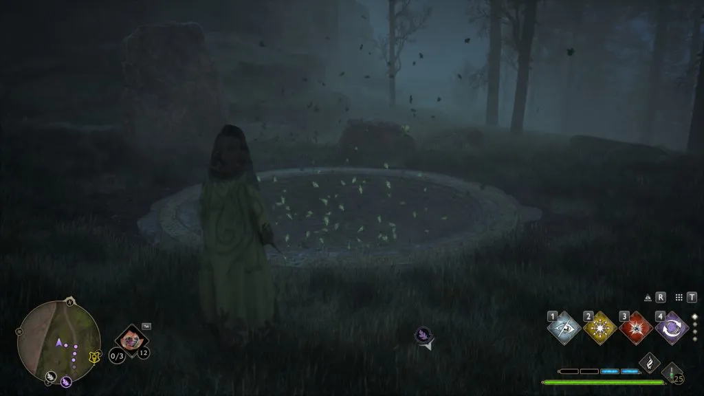A screenshot of a character standing near the rolling stone sphere during the Merlin Trial.